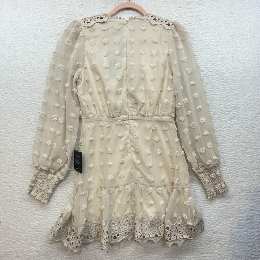 Lulus Dress Womens Extra Small Cream Long Sleeve Swiss Dot Lace Boho Mini Party - Picture 2 of 14